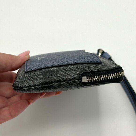 EUC Coach Corner Zip Wristlet with Metallic Navy Colorblock (Black Smoke/Silver) - Picture 6 of 16